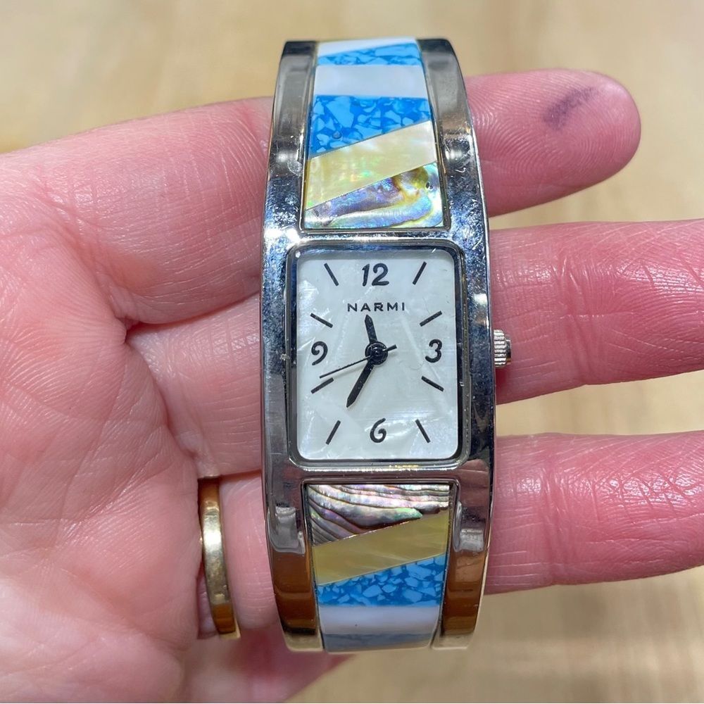 Narmi Women's Silver Inlay Bangle Watch with Blue and Cream Accents